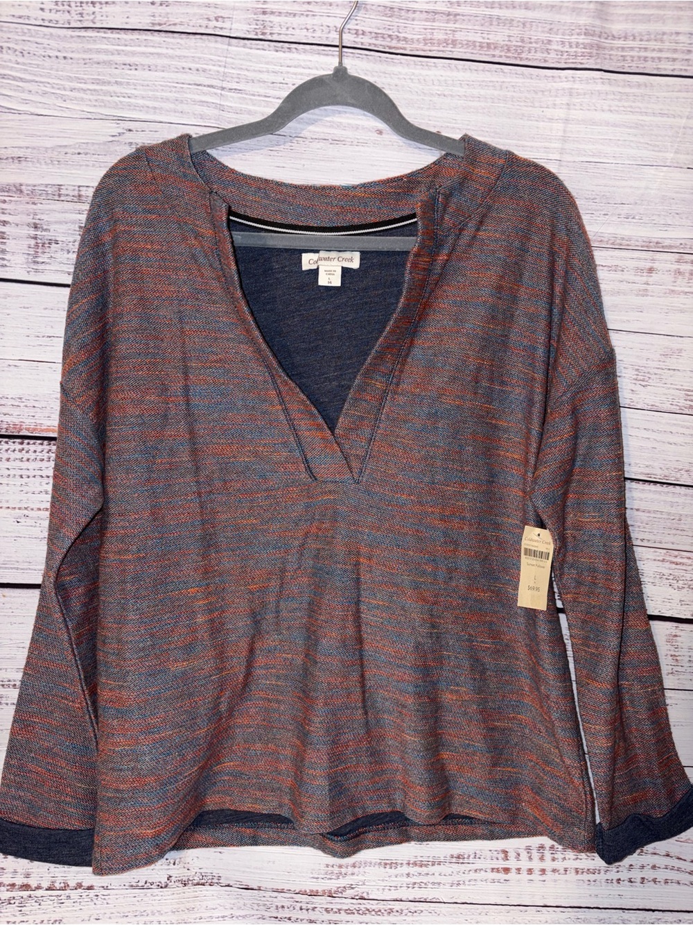 Large Coldwater Creek Striped V-Neck Knit Top in Blue and Rust